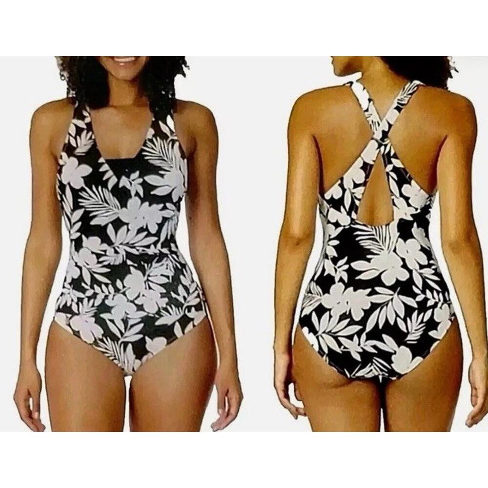 Land's End Floral One Piece Cross Back White Black Tummy Control Sz M